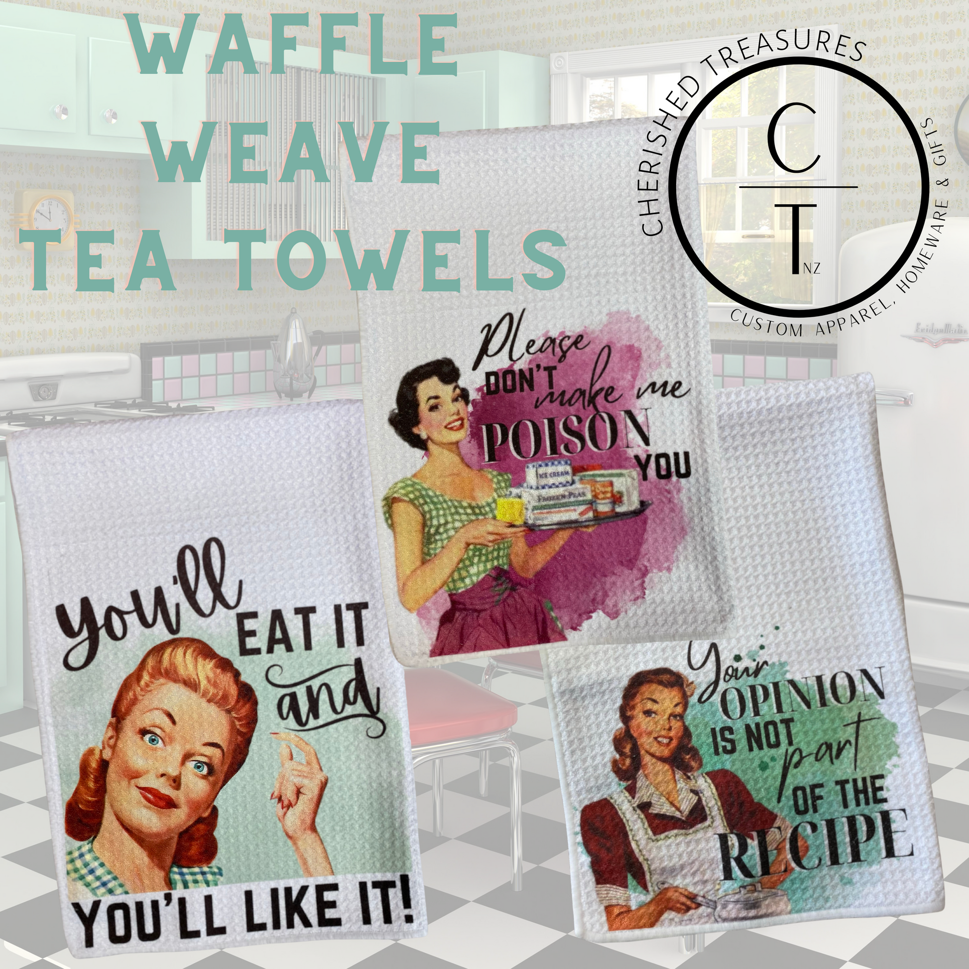 50'S Housewife Printed Waffle Tea Towel - Creative Printz